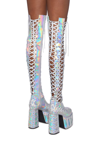 Rude Awakening Thigh High Boots - Holographic