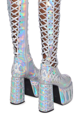 Rude Awakening Thigh High Boots - Holographic