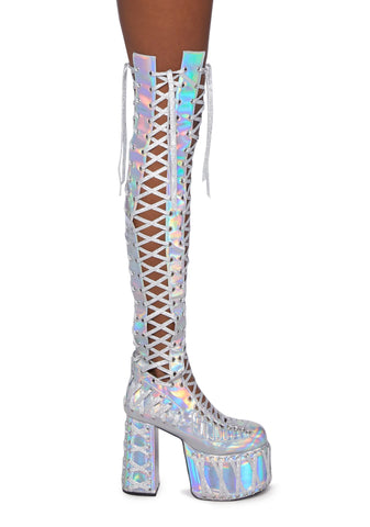 Rude Awakening Thigh High Boots - Holographic