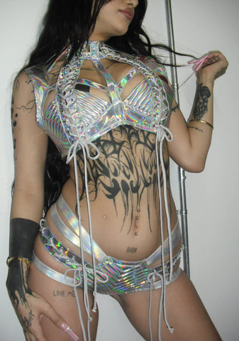 Rude Awakening Lace-Up Shorts - Holographic