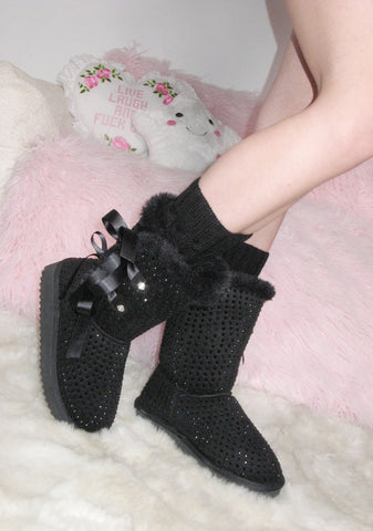 Snowflake Cadet Rhinestone Booties - Black