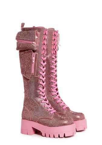 Obsidian Pocket Combat Boots - Rhinestone