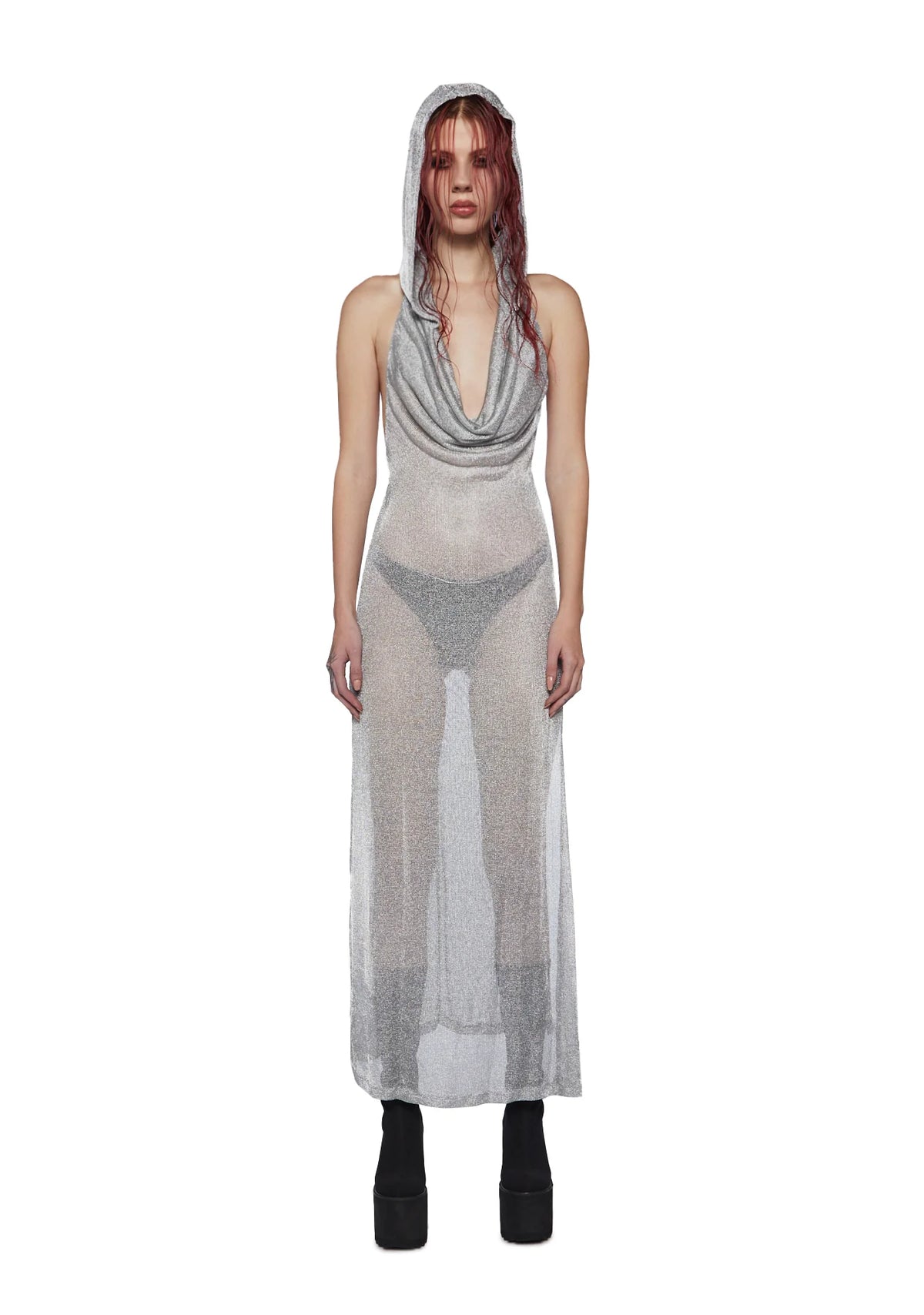 Tempo Metallic Hoodie Maxi Dress - Silver