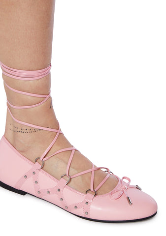 Violetta Lace-Up Ballet Flat Shoes - Pink