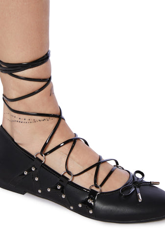 Violetta Lace-Up Ballet Flat Shoes - Black