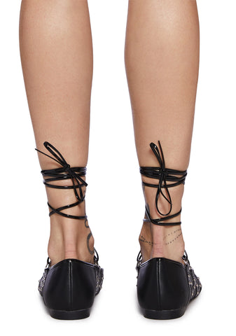 Violetta Lace-Up Ballet Flat Shoes - Black