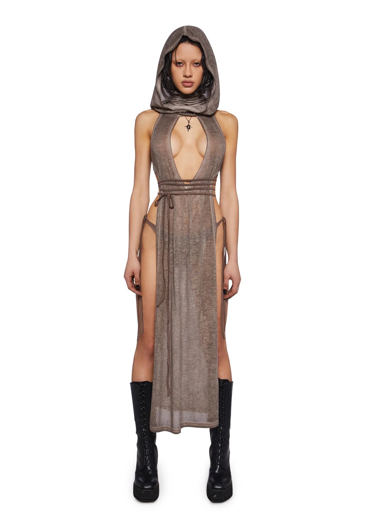 Crossfade Hooded Maxi Keyhole Tank And Panty Set - Brown