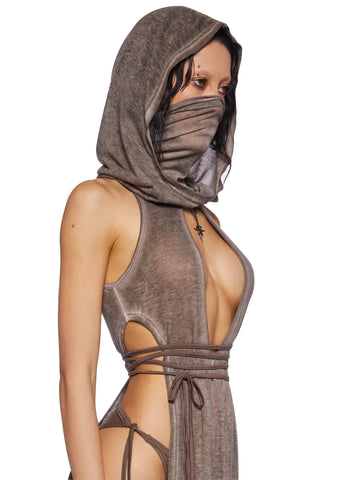 Crossfade Hooded Maxi Keyhole Tank And Panty Set - Brown