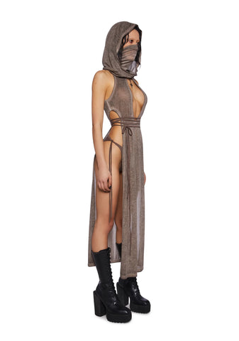 Crossfade Hooded Maxi Keyhole Tank And Panty Set - Brown