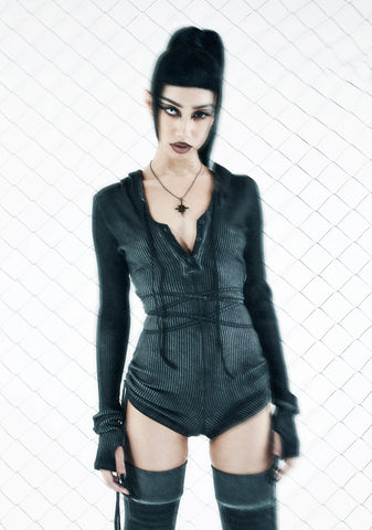 Crossfade Hooded Long Sleeve Romper - Black