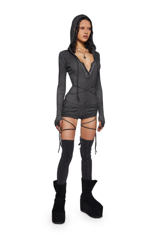 Crossfade Hooded Long Sleeve Romper - Black