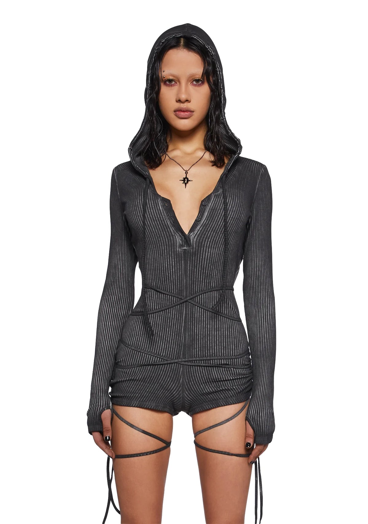 Crossfade Hooded Long Sleeve Romper - Black