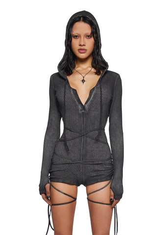 Crossfade Hooded Long Sleeve Romper - Black
