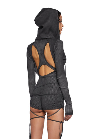 Crossfade Hooded Long Sleeve Romper - Black