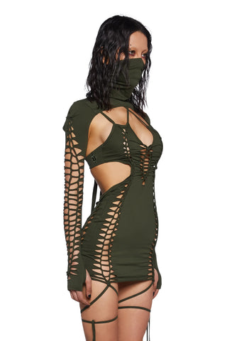 Crossfade Shredded Dress With Shrug - Olive