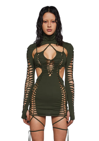 Crossfade Shredded Dress With Shrug - Olive