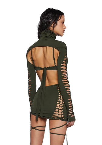 Crossfade Shredded Dress With Shrug - Olive