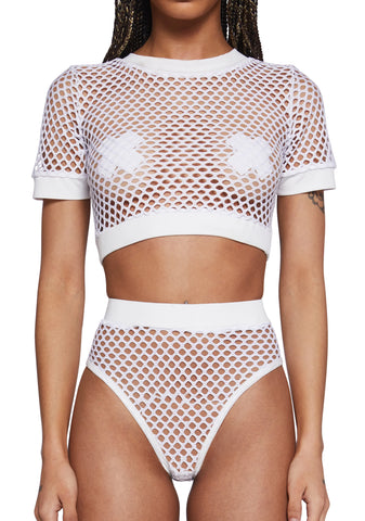 Techno Fantasy Fishnet Crop Top - White
