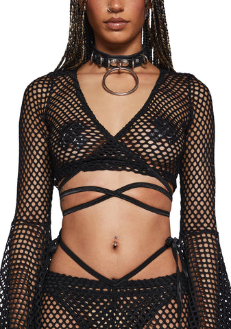 Techno Fantasy Fishnet Wrap Top - Black