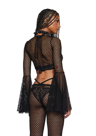 Techno Fantasy Fishnet Wrap Top - Black