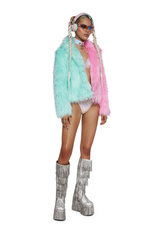 Balancing Act Faux Fur Jacket- Green/Pink