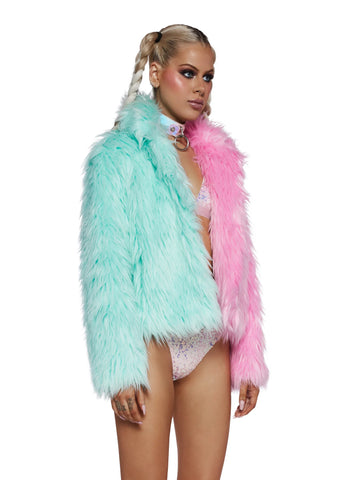 Balancing Act Faux Fur Jacket- Green/Pink