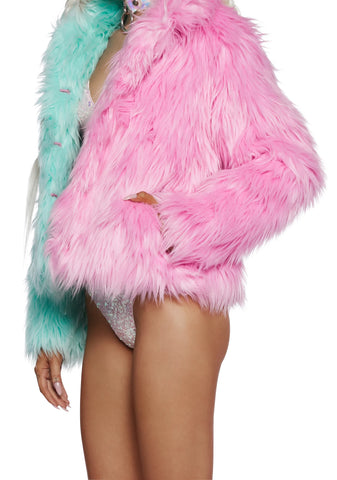Balancing Act Faux Fur Jacket- Green/Pink