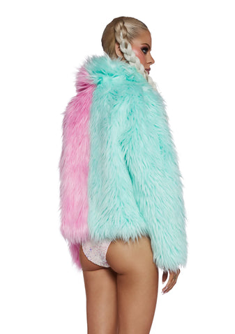 Balancing Act Faux Fur Jacket- Green/Pink
