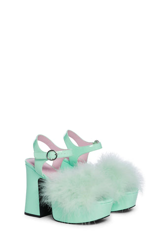 Blushin' N' Crushin' Marabou Heels - Mint