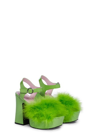 Blushin' N' Crushin' Marabou Heels - Lime Green
