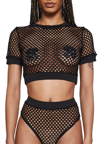 Techno Fantasy Fishnet Crop Top - Black