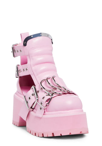 Rev Your Engine Buckled Boots - Pink
