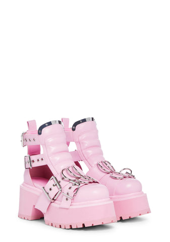 Rev Your Engine Buckled Boots - Pink
