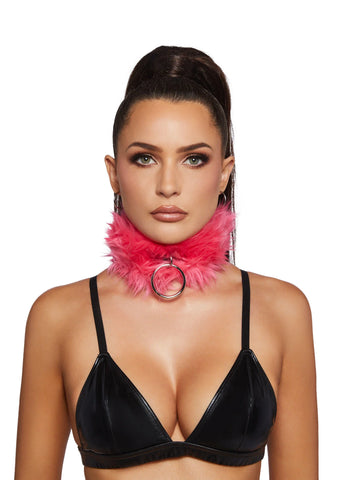 Leather Back Fur Choker - Pink