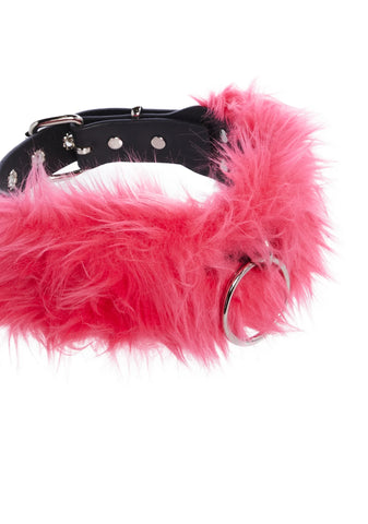 Leather Back Fur Choker - Pink