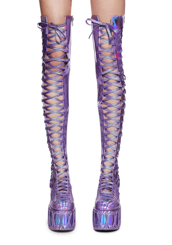 Rude Awakening Thigh High Boots -  Purple Holographic