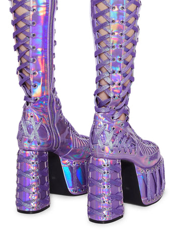 Rude Awakening Thigh High Boots -  Purple Holographic