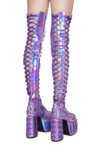 Rude Awakening Thigh High Boots -  Purple Holographic