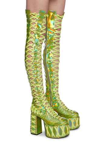 Rude Awakening Thigh High Boots -  Green Holographic
