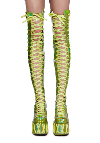 Rude Awakening Thigh High Boots -  Green Holographic