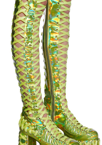 Rude Awakening Thigh High Boots -  Green Holographic