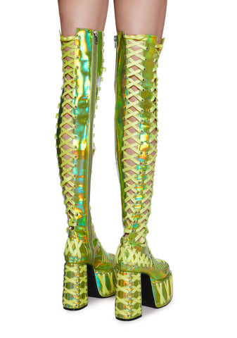 Rude Awakening Thigh High Boots -  Green Holographic