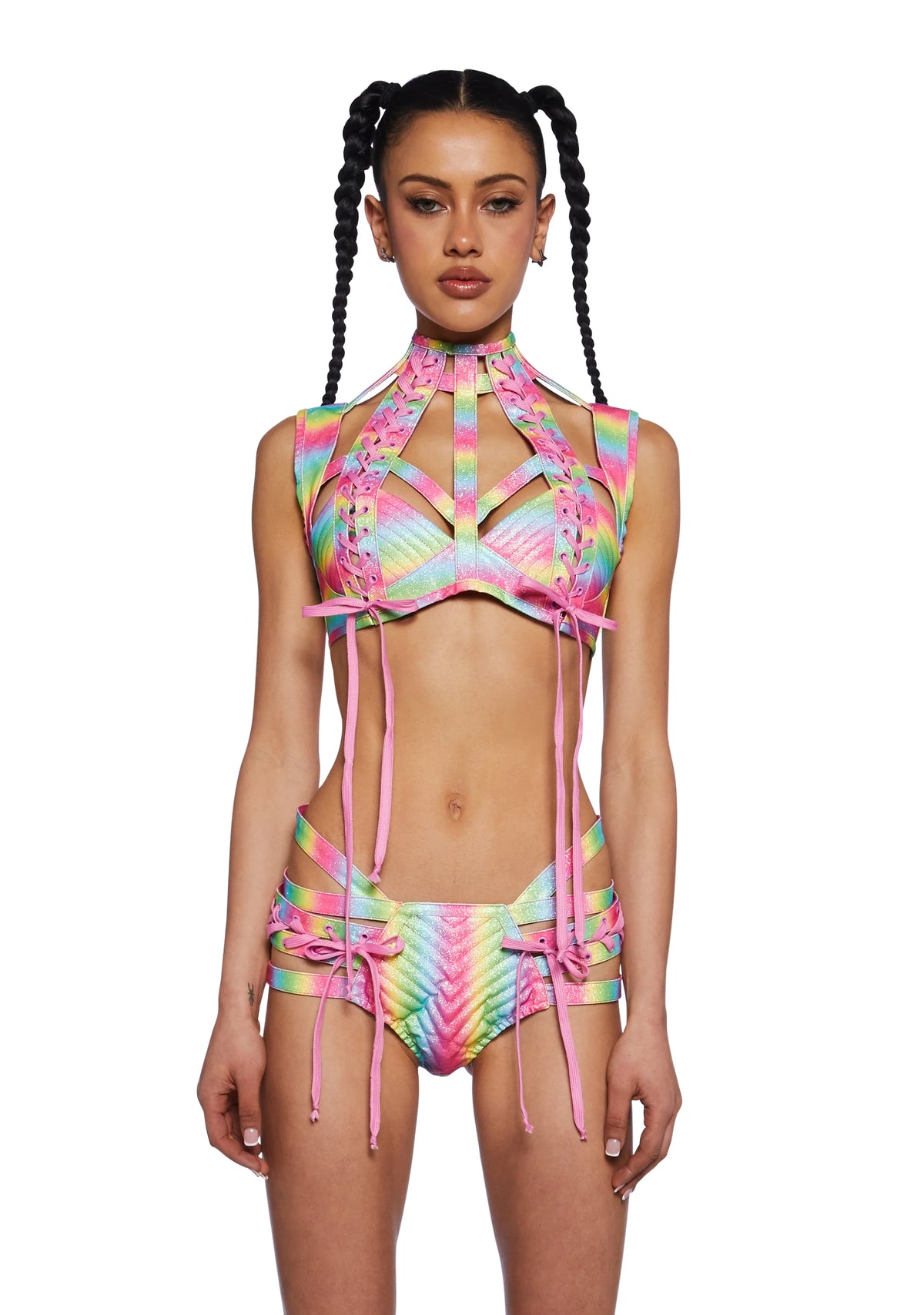 Rude Awakening Harness Bra Top - Glitter Rainbow