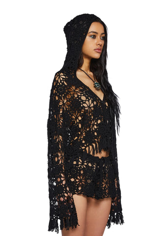 Palms Retreat Cropped Crochet Cardigan-Black