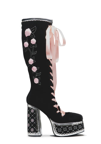 Guiltless Ghost Lace Up Platform Long Boots - Black