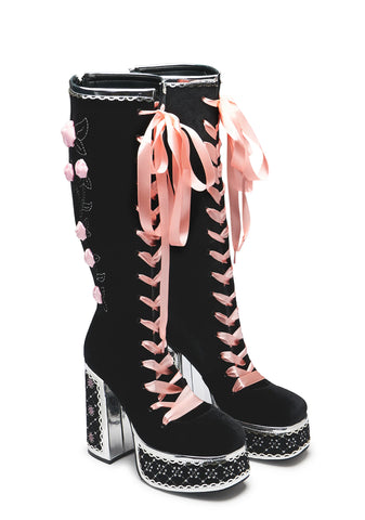 Guiltless Ghost Lace Up Platform Long Boots - Black