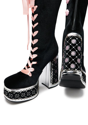 Guiltless Ghost Lace Up Platform Long Boots - Black