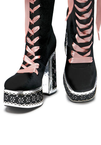 Guiltless Ghost Lace Up Platform Long Boots - Black