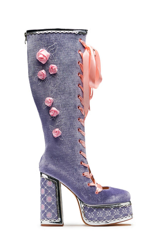 Guiltless Ghost Lace Up Platform Long Boots - Lilac