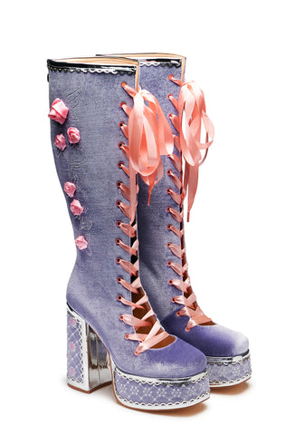 Guiltless Ghost Lace Up Platform Long Boots - Lilac